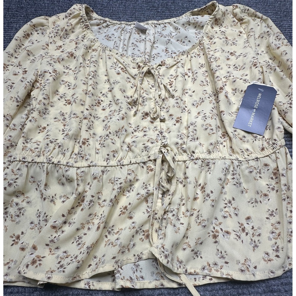 Melrose and Market Blouse Womens Large Yellow Floral Long Sleeve Peplum Top New